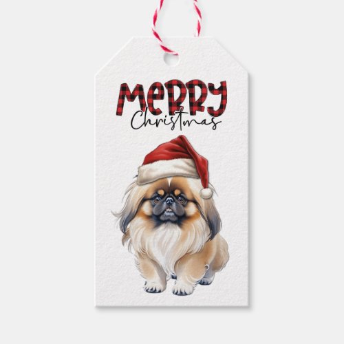 Buffalo Plaid Text Pekingese Dog Christmas Gift Tags