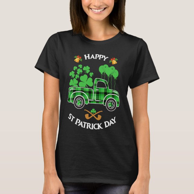 Buffalo Plaid Truck Irish Shamrock Happy St Patric T-Shirt (Front)