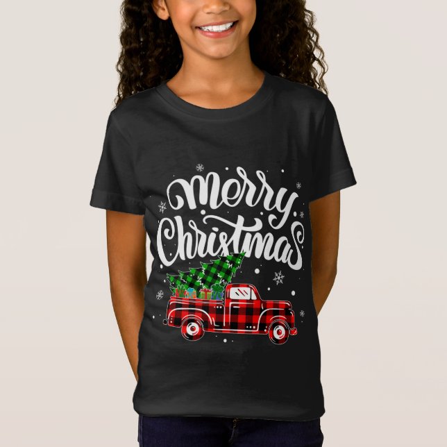 Buffalo Plaid Truck Wagon Christmas Tree Car Xmas  T-Shirt (Front)