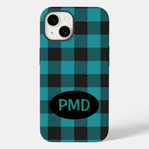 Buffalo Plaid Turquoise Teal Blue Black Monogram Case_Mate iPhone 14 Case