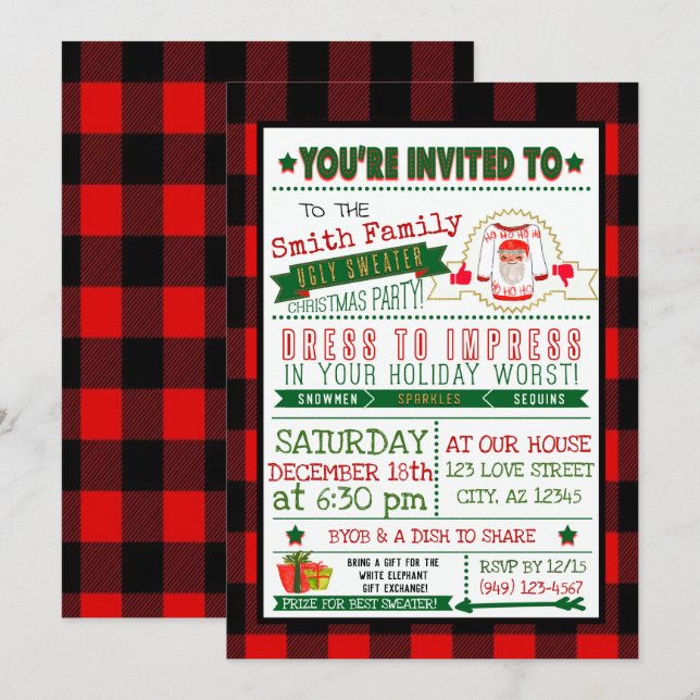 Buffalo Plaid Ugly Sweater Christmas Party Invite (Front/Back)