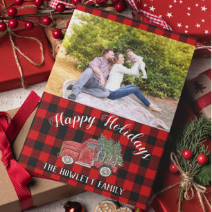Buffalo Plaid Vintage Christmas Truck Photo Postcard