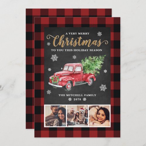 Buffalo Plaid Vintage Red Truck Christmas 3 Photo Holiday Card