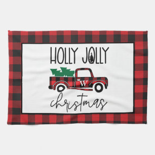 Buffalo Plaid Vintage Truck Tree Monogrammed Kitchen Towel