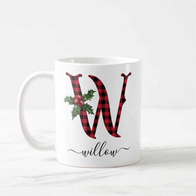 Buffalo Plaid W Monogram Christmas Coffee Mug (Left)
