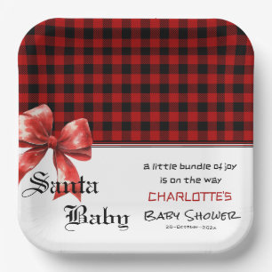 Buffalo Plaid Watercolor Red Bow Baby Shower Paper Plates