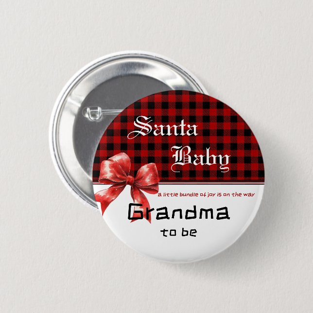 Buffalo Plaid Watercolor Red Bow Grandma-to-be Button (Front & Back)