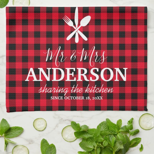 Buffalo Plaid Wedding Couple Name Kitchen Towel (Folded)