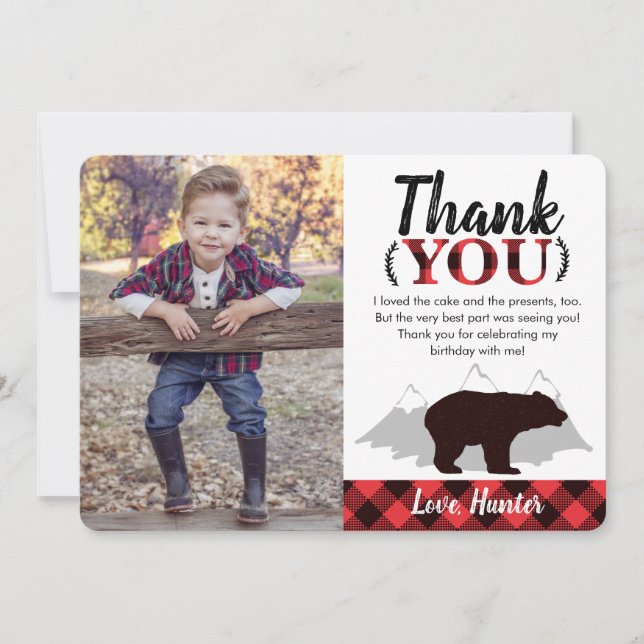 Buffalo Plaid Wild Bear Lumberjack Photo Thank You Card (Front)
