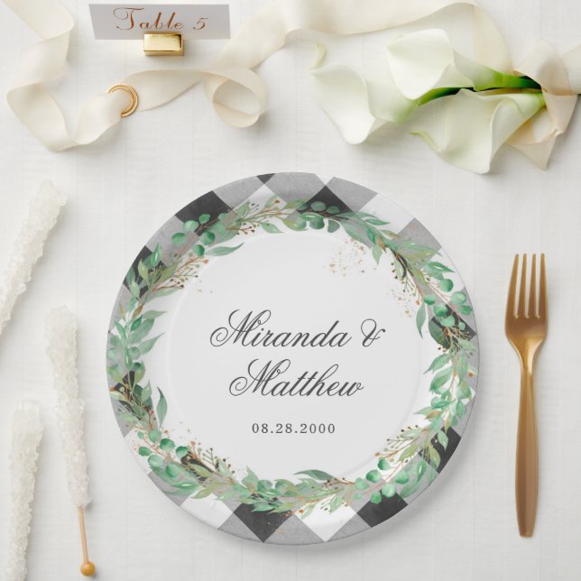 Buffalo Plaid Winter Green Wreath Wedding Paper Plates (Wedding)