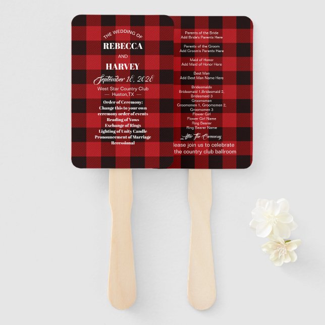 buffalo plaid winter lumberjack wedding programs hand fan (Front and Back)