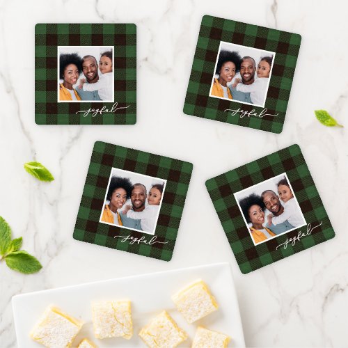 Buffalo Plaid with Joyful Script Christmas Green Coaster Set