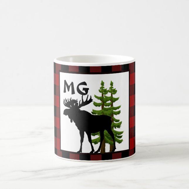 Buffalo Plaid with Monogram and Moose Design Coffee Mug (Center)