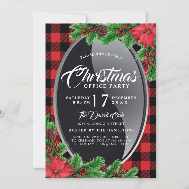 Buffalo Plaid with Poinsettia Party Invitation (Front)