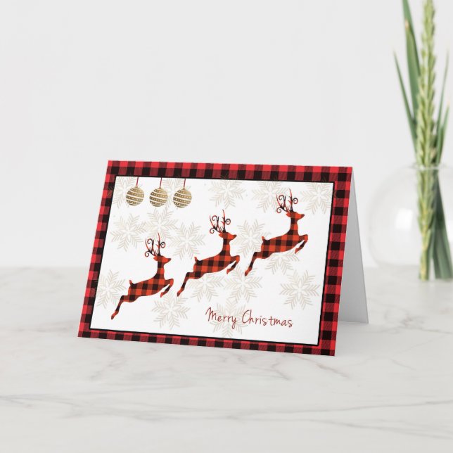 Buffalo Plaid with Red Reindeer Christmas Card (Front)