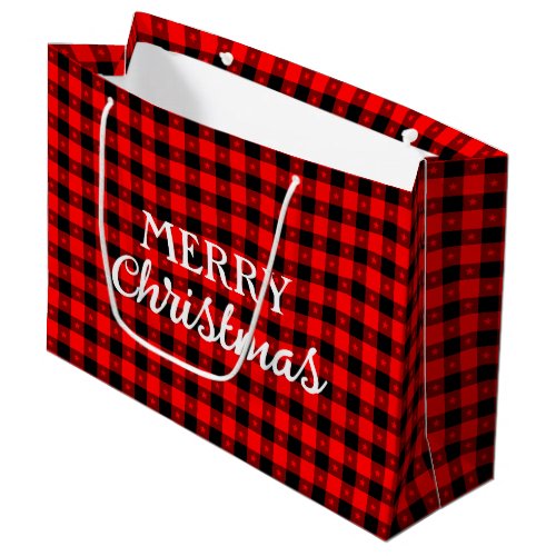 Buffalo Plaid With Stars Red Black Merry Christmas Large Gift Bag