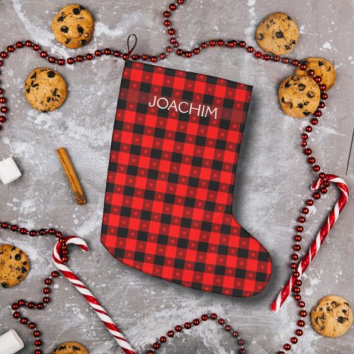    Buffalo Plaid With Tiny Stars Personalized Name Large Christmas Stocking