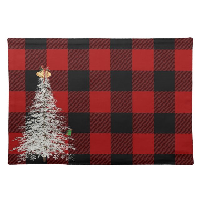 Buffalo plaid with white holiday tree cloth placemat (Front)