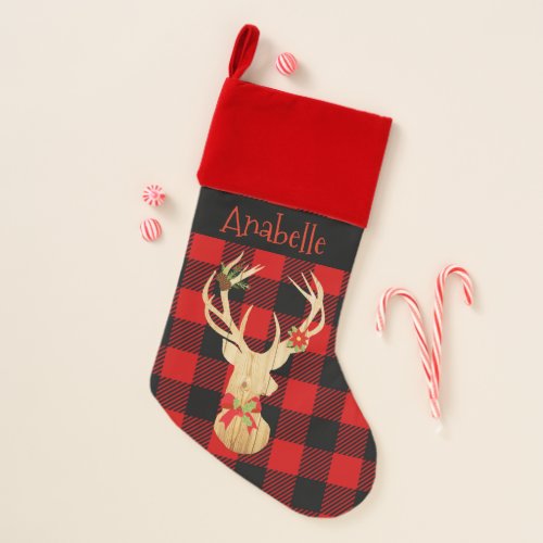 Buffalo Plaid Wood Deer Personalized  Christmas Christmas Stocking