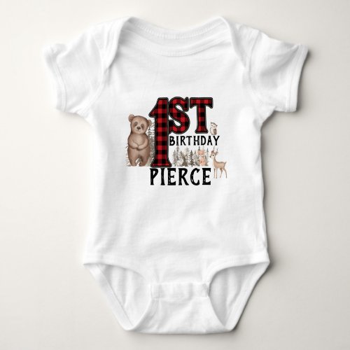 Buffalo Plaid Woodland Animals 1st Birthday Baby Bodysuit