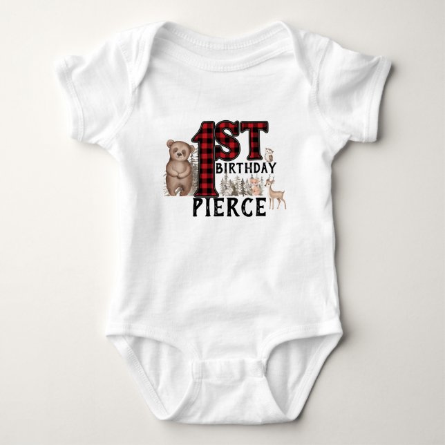 Buffalo Plaid Woodland Animals 1st Birthday Baby Bodysuit (Front)