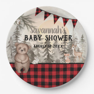 Buffalo Plaid woodland animals Baby shower Paper Plates