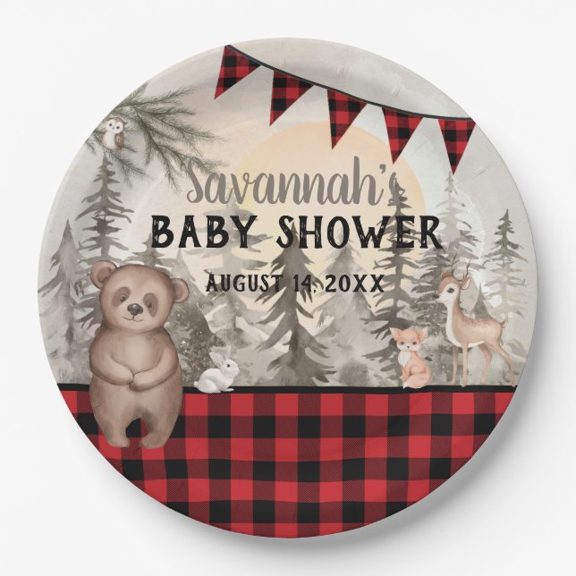 Buffalo Plaid woodland animals Baby shower Paper Plates (Front)