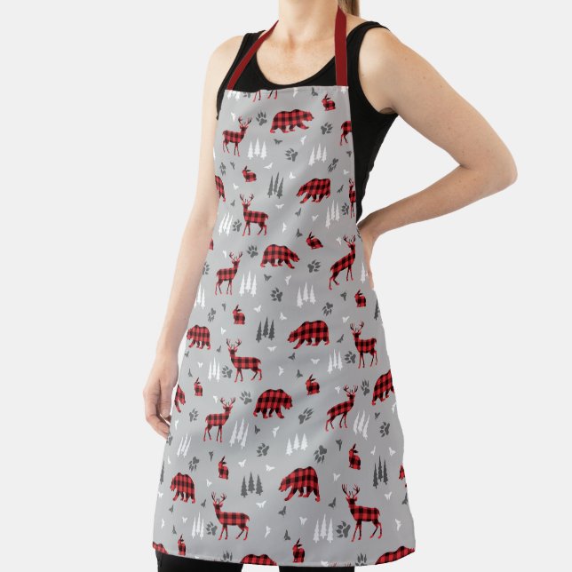 Buffalo Plaid Woodland Animals Pattern Apron (Insitu)