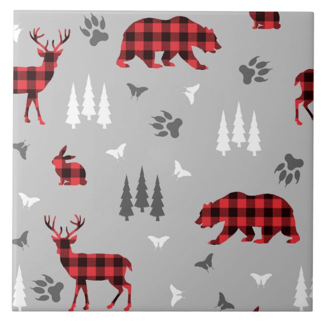 Buffalo Plaid Woodland Animals Pattern Ceramic Tile (Front)