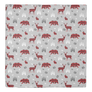 Buffalo Plaid Woodland Animals Pattern Duvet Cover
