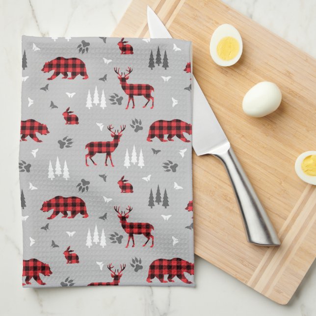 Buffalo Plaid Woodland Animals Pattern Kitchen Towel (Quarter Fold)