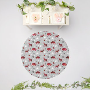 Buffalo Plaid Woodland Animals Pattern Outdoor Rug