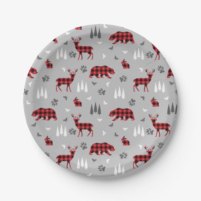 Buffalo Plaid Woodland Animals Pattern Paper Plates (Front)