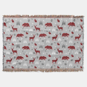 Buffalo Plaid Woodland Animals Pattern Throw Blanket