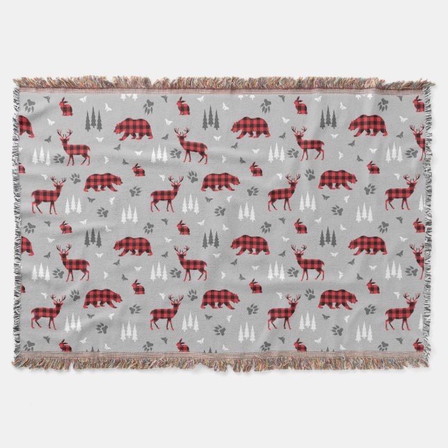 Buffalo Plaid Woodland Animals Pattern Throw Blanket (Front)