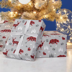 Buffalo Plaid Woodland Animals Pattern Wrapping Paper