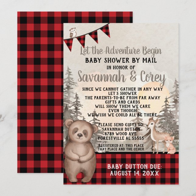 Buffalo Plaid Woodland Baby Shower by mail Invitation (Front/Back)