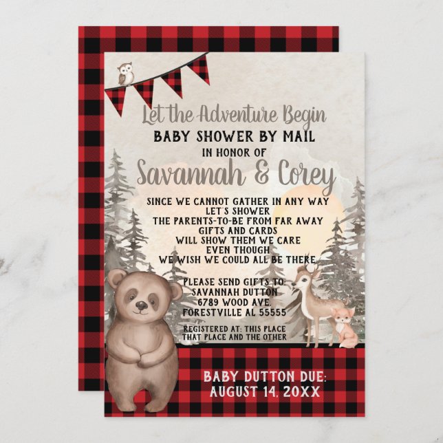 Buffalo Plaid Woodland Baby Shower by mail Invitation (Front/Back)