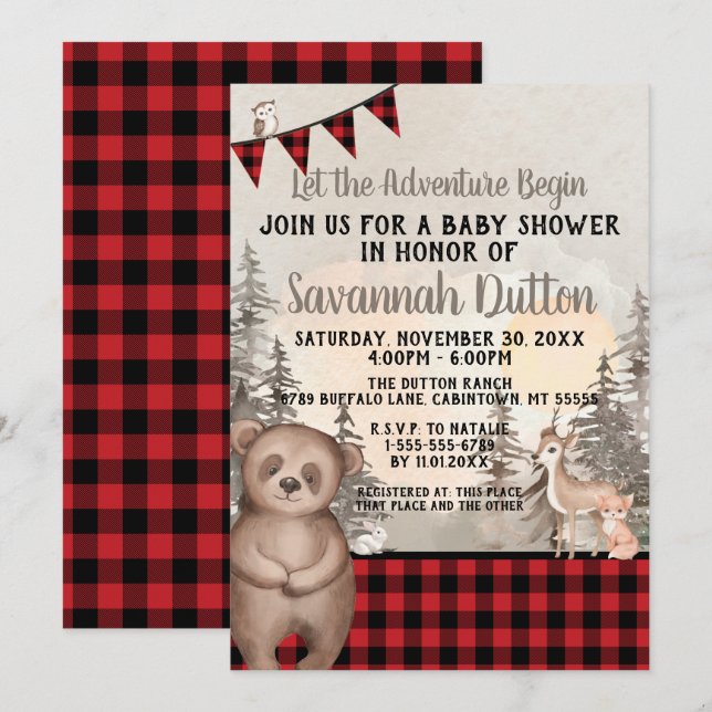 Buffalo Plaid Woodland Baby Shower Invitation (Front/Back)