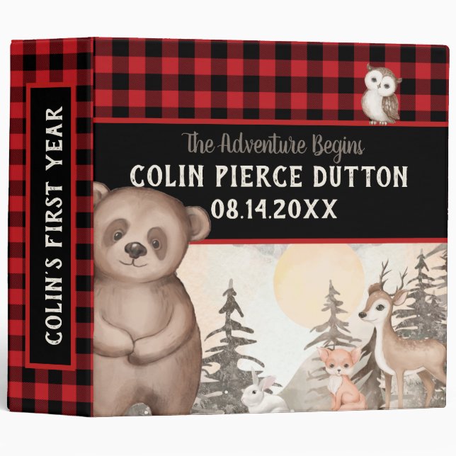 Buffalo Plaid Woodland Baby's First Year Album 3 Ring Binder (Front/Spine)