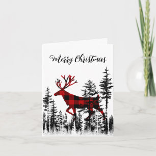 Buffalo Plaid Woodland Forest Stag Merry Christmas Holiday Card
