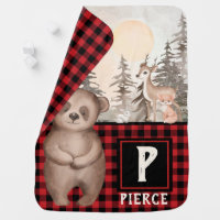 Buffalo Plaid Woodland Monogram Baby Blanket