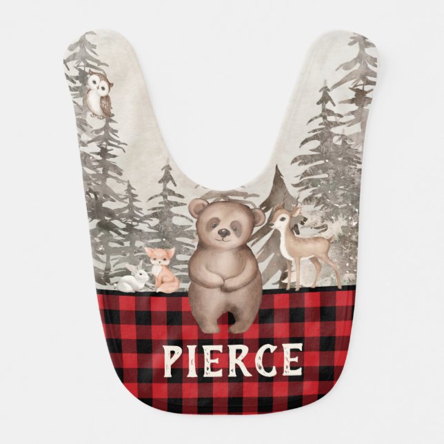 Buffalo Plaid Woodland Monogram Name Baby Bib (Front)