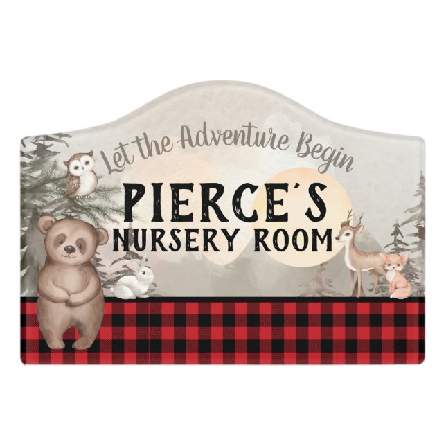 Buffalo Plaid Woodland Monogram Nursery Door Sign (Small Crest Front)