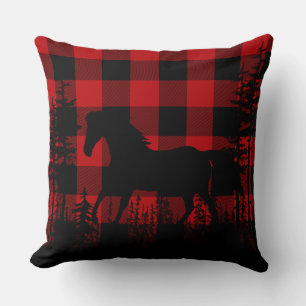Buffalo Plaid Woodland Pine Forest Wild Horse Throw Pillow