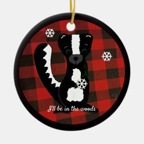 Buffalo Plaid Woodland Skunk Ceramic Ornament