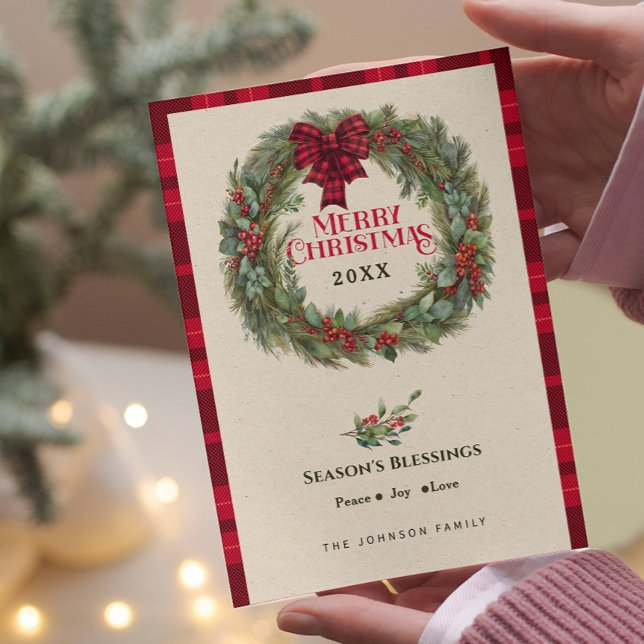 Buffalo Plaid Wreath Family Christmas Holiday Card (Creator Uploaded)