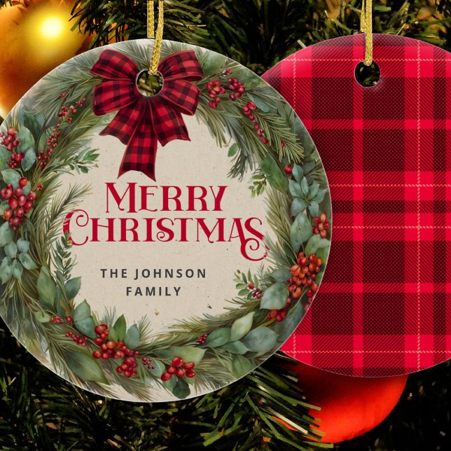 Buffalo Plaid Wreath Family Name Christmas Ceramic Ornament (Creator Uploaded)