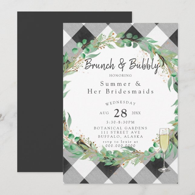 Buffalo Plaid Wreath Gold Bridesmaids Luncheon Invitation (Front/Back)