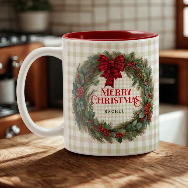 Buffalo Plaid Wreath Red and White Christmas Mug (Creator Uploaded)